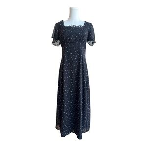 MDC2- Black floral maxi dress with lace trim and short sleeves size small